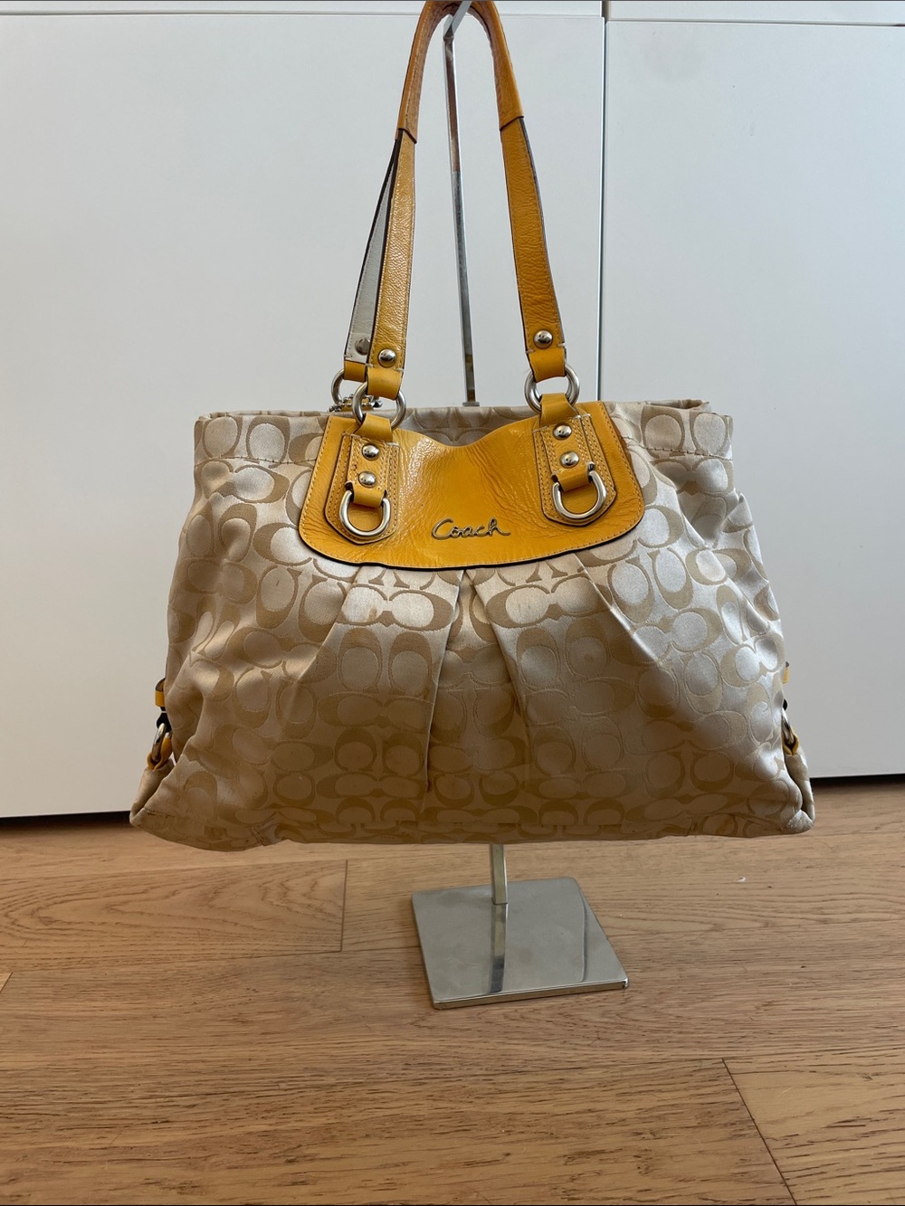 Coach Beige Signature Tote with Yellow Leather Trim